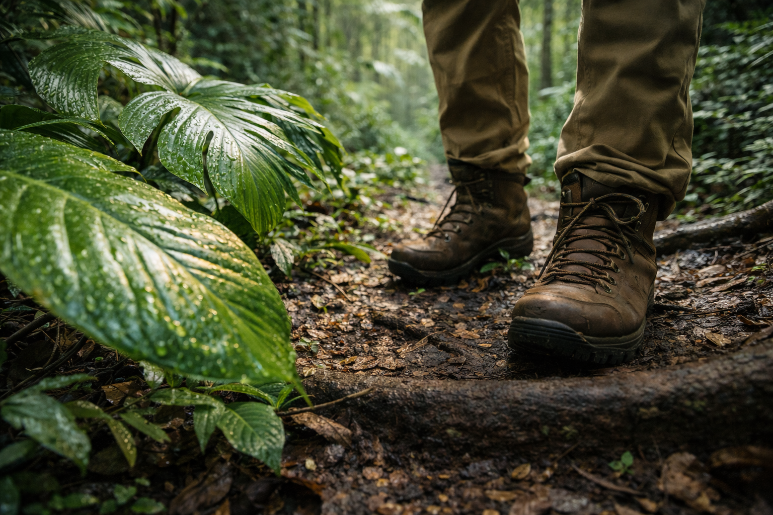 Rainforest trail detail (boots + leaves)